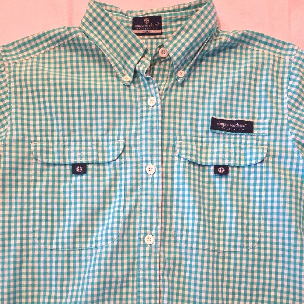 Simply Southern Women's Green White Check Vented Fishing Shirt M